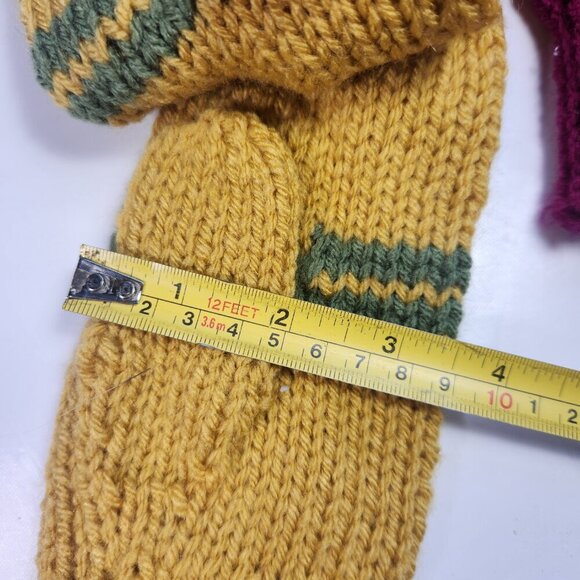 Hand Knit Mittens Lot of Womens 8.5" Long Burgundy Blue & Yellow & Green - Picture 4 of 4